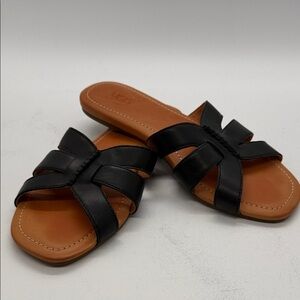 UGG Black Leather Slide Sandals with Tan Footbed